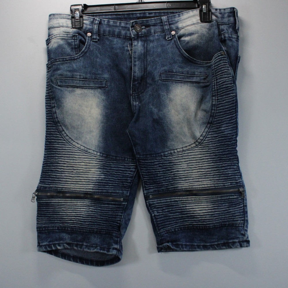 Rocawear Mens Blue Faded Moto Denim Shorts Size 36 Streetwear Ribbed Zipper